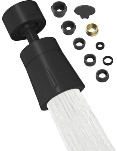 Hibbent Wasserhahn-Aufsatz mit 4 Strahlarten, 360° Drehbar & 70° Neigbar Wasserhahn Aufsatz, Messing-Drehkugeln, 22mm Innengewinde inkl. 6 Adapter, matt Schwarz