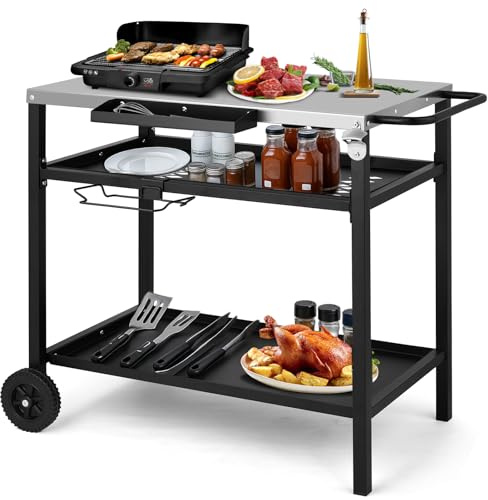 Outopee Outdoor Grill Dining Cart, BBQ Pizza Oven Trolley with Stainless Steel Worktop, Side Tray & Garbage Bag Rack, Portable Food Prep Table Outdoor Barbecue Cart for Kitchen Garden Patio Cooking