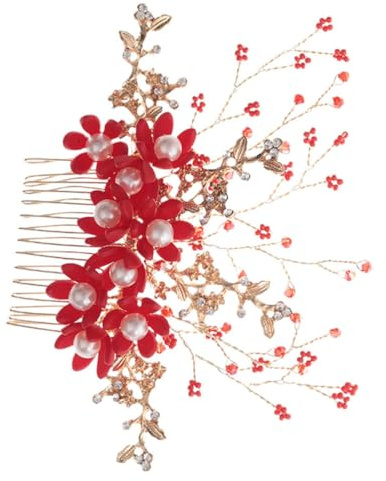 Handgefertigter Perlen Haar Einsatzkamm in Blumenform Rot | Braut Haarschmuck für Hochzeit und Festliche Anlässe, Leicht und Kompakt, für Frauen
