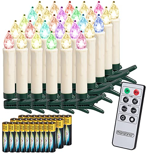 DEUBA® LED Weihnachtsbaumkerzen Kabellos 30er Set Bunt mit Batterie Timer Christbaumkerzen Tannenbaumkerzen Lichterkette Weihnachtsbaum Beleuchtung