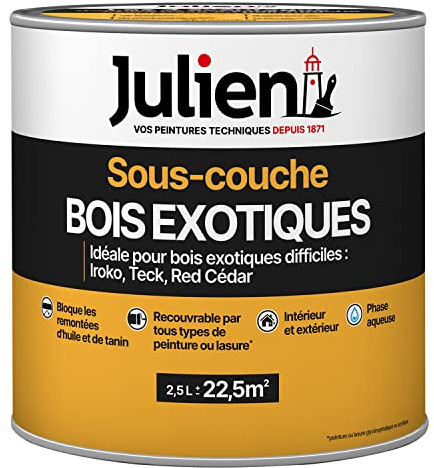 Julien Peinture Sous-couche Bois exotiques- Bloque les remontées d'huiles et tanin des bois exotiques et résineux - Satin Incolore 2,5L