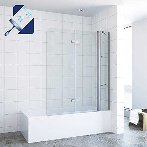AQUABATOS® 150 x 140 cm Duschwand für Badewanne Badewannenfaltwand Badewannenaufsatz Duschabtrennung Faltwand mit Festteil aus 5 mm Einscheiben Sicherheitsglas Echtglas Nano Beschichtung