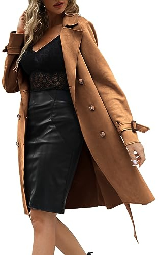 Bellivera Women Faux Suede Leather Jacket, Spring Fall Clothes Winter Long Trench Coat, Lightweight Windbreaker with Belt 18CLA Camel M