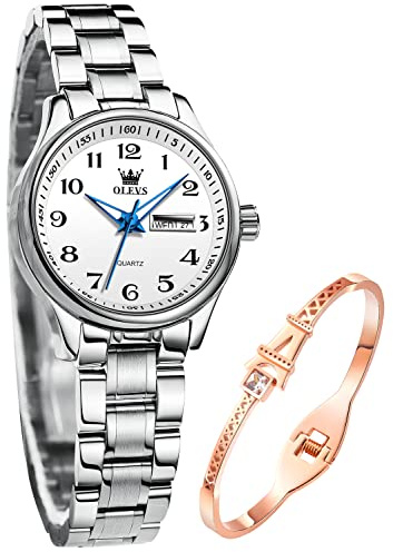 OLEVS Damenuhren Gold Silber Leicht zu Lesen Armbanduhren für Damen mit Kleines Gesicht Tag Datum Edelstahlband wasserdichte
