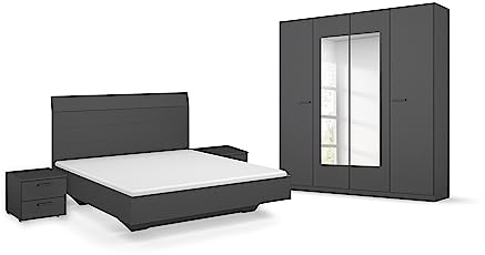 Rauch Möbel Florenz, Schlafzimmer-Set, Farbe Grau metallic, 4-teilig | Set bestehend aus Bett, Liegefläche 180x200cm, 2 Nachttische 2 Schubladen 40x36x40cm, Kleiderschrank, Spiegel 181x210x54cm
