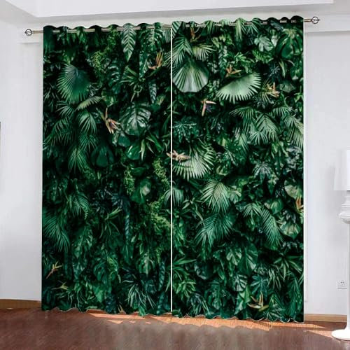 GIOVIA 3D Palmenblätter Vorhänge Abdunkelnde Tropisch Dschungel Kindervorhänge Vorhang mit ösen 2er Set Gardinen Blickdicht Verdunkelungs für Kinderzimmer Schlafzimmer Wohnzimmer B 110 X H 95 cm