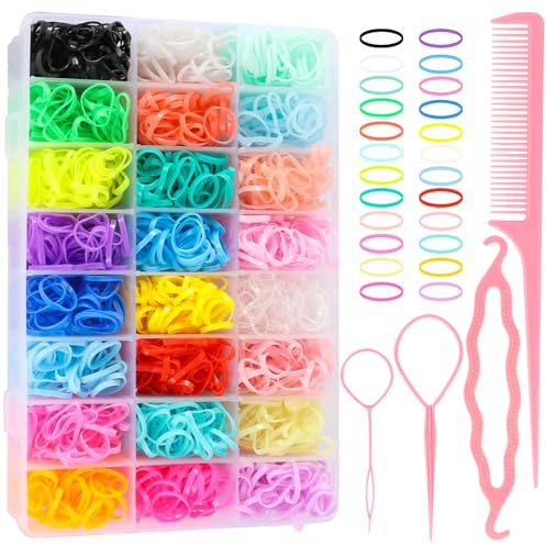 Lot de 2 000 mini élastiques à cheveux en caoutchouc avec boîte de rangement, élastiques à cheveux doux pour petite fille, ensemble coloré pour bébé avec cutter et outils pour queue de bébé