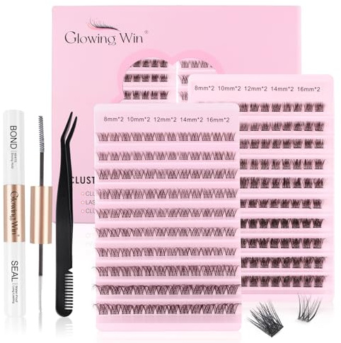 Glowing Win Wimpern Extensions Set mit Lash Bond,Seal&Applikator 8-16mm | Cluster Lashes Natürliche,Einzelne Wimpern,Künstliche Wimpern Cat Eye,DIY Individual Eyelashes Kit D Curl