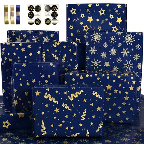 Presentpapper jul guld blå snöflinga stjärna presentpapper set, julpapper, ekologiskt julklappspapper för unga män, förpackningspapper jul jul wrapping papper