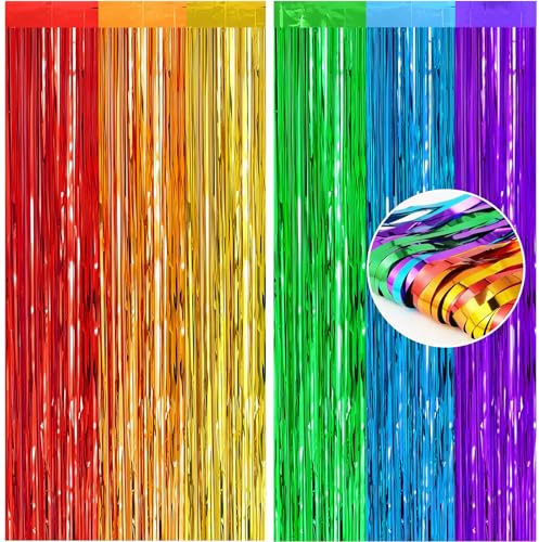 2pcs 3.2 x 8.3ft Glitter Rainbow Tinsel Curtain Door Tinsel Foil Fringe Curtain Backdrop Streamers Party Curtain Decorations for School Graduation Birthday Hen Rainbow Party Photo Banner Decorations