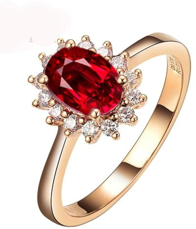Mesnt Klassische Eheringe für Damen, 18K Gelbgold Ring Blume mit 1ct Oval Im Labor erstelltes Rubin und Moissanit, Größe 49 (15.6)