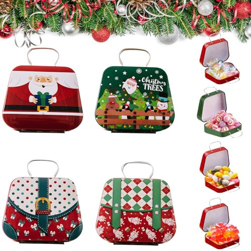 dellyy Mini Boîte à Biscuits de Noël, 4pcs Boîte de Bonbons en Métal Noël, Boîtes de Bonbons Créatives en Forme de Sac à Main, Boîtes de Noël Métal à Ouvrir, Boîte à Biscuits Tôle de Noël