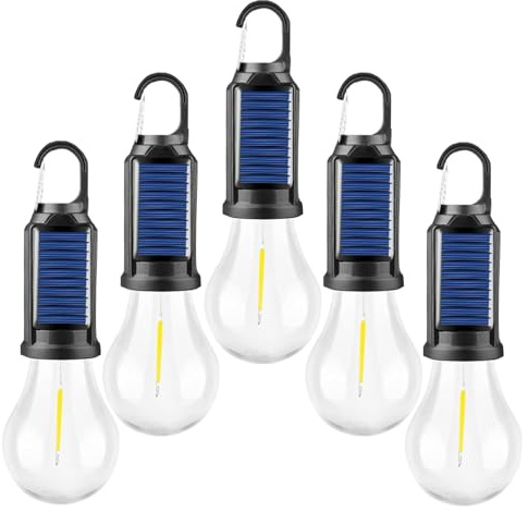 MODOAO Led Tent Lights 5 Pack Camping Lantern USB Rechargeable Solar Tent Lights,Outdoor Hanging Light Bulbs with Clip Hook 3 Mode Lighting Warm White