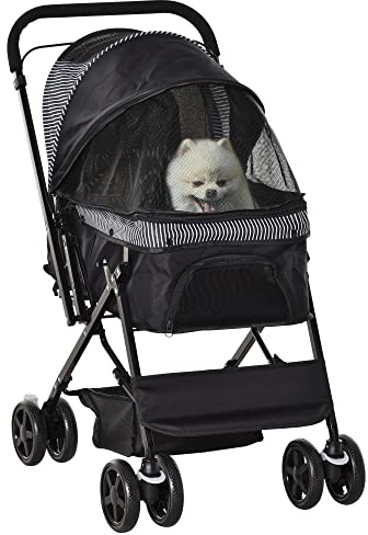 PawHut Hundebuggy für kleine Hunde und Katzen Schwarz 76,5 x 52 x 95 cm | Hundewagen, Buggy, Haustierwagen, Pet Stroller, Katzenbuggy, Oxford