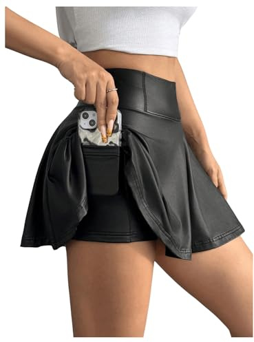 GORGLITTER Jupe-short trapèze pour femme - Ceinture élastique - Mini-jupe en cuir PU - Jupes de club - Jupes courtes avec ourlet à volants, Noir , L