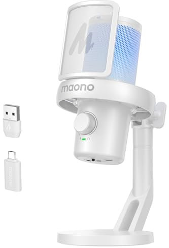 MAONO Mikrofon Kabellos für PC, Gaming Mikrofon mit Software-AI-Stimmänderung, Geräuschunterdrückung, Benutzerdefiniertem EQ, Einstellbaren RGB-Lichtern für Gaming, Podcasting, Streaming, DM40 Weiß