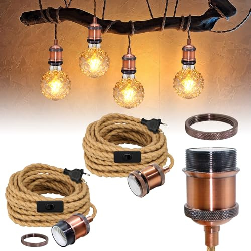 Boho Rustikal Hanfseil Pendelleuchte Kit mit 5.1M Kabel, 2 Stück Vintage Red Copper Hängelampe mit Stecker,Industrial Pendelleuchte mit Schalter,Retro Lampefassung E27,für Cafe,Max.60W,Ohne GlüHbirne