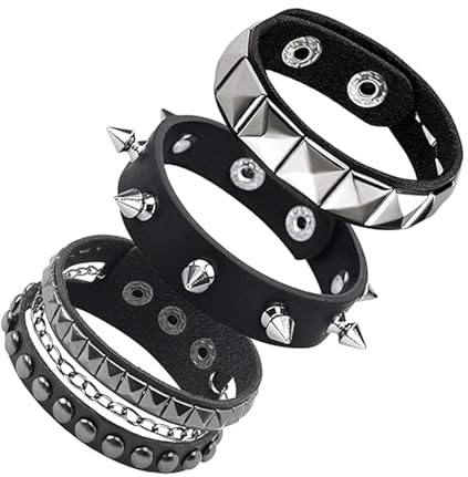 ZYEKIU 3 Piezas Ajustables Punk Rock Pulsera, Gótica Pulseras de Cuero con Tachuelas, Rock Cuero con Pinchos Pulsera, para Hombres Mujeres Conciertos y Fiestas de Halloween Cosplay