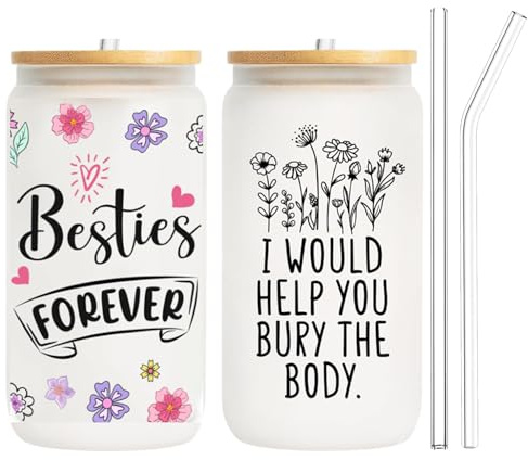 Best Friend Birthday Gifts for Women, Unique Glass Tumbler, High Borosilicate Glass Cup with Lid & Straws, Double-Sided Friendship Gift, 160oz Insulated Cup for Bestie, Funny Mugs for Her