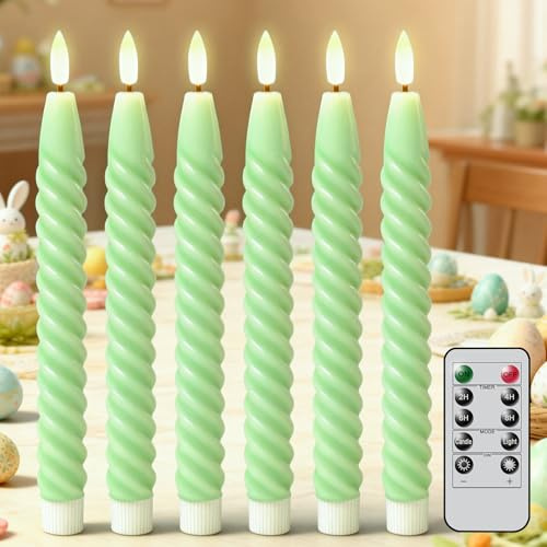 Lasumora Easter Flameless Taper Candles Green Pastel Flickering with Remote Timer, Battery Operated Warm 3D Wick LED Spiral Candles 6 Pack 9.8 Real Wax Wedding Home Birthday Spring Easter Decorations