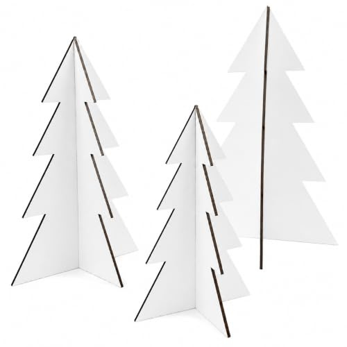 Deko Weihnachtsbäume aus Holz Weiß – 3er Set 12 cm, 16 cm & 22 cm – Moderne Steck-Tannenbäume aus 3 mm Holz – Minimalistische Weihnachtsdekoration für Tisch, Fensterbank & Sideboard