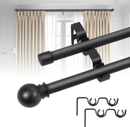 Varilla de cortina doble ajustable 78-243cm, barra de ventana de metal negro con accesorios de montaje,compatible con cortinas de ojales/bolsillo/tracción trasera para dormitorio/sala de estar/cocina