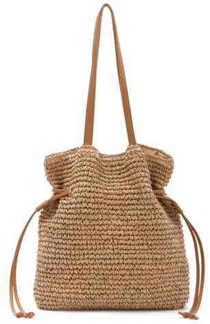 EVEOUT Stroh Geflochten Schultertasche Damen Boho Chic Strohgeflecht Tote Tragetasche aus Synthetische Raffia Strohtasche für Strand Urlaub Sommer Alltag