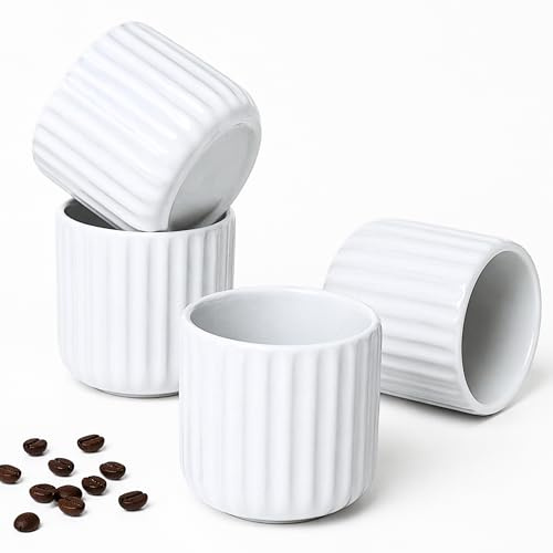 Erkundpresso. Kaffeebecher ohne Henkel 4er Set 180ml | Tasse ohne Henkel Keramik Dickwandig | Steingut Kaffeetassen Handgefertigt | Lungo, Cappuccino & Espresso Tassen | Spülmaschinenfest (Weiß)