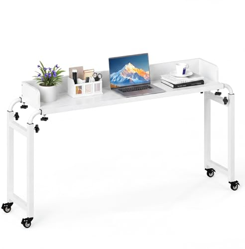 COSTWAY Scrivania da Letto con Ruote, Tavolino da Letto Salvaspazio con Altezza e Lunghezza Regolabili, Telaio in Metallo, Scrivania Portatile per Camera da Letto, Soggiorno e Ospedale (Bianco)