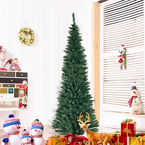 COSTWAY 5FT/6FT/7FT/8FT Green Pencil Slim Christmas Tree, Traditional Artificial Pine Xmas Tree with Metal Stand, Christmas Decoration and Gift (Green, 7FT/2.1M)