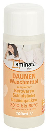 Aminata Clean duntvättmedel för sängar, jackor, sovsäckar 100 ml flytande tvättmedel lämpligt för dun och fjädrar, rengöringsmedel speciellt tvättmedel