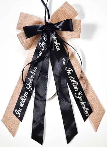 CaPiSo Unikat Handarbeit 20x40cm Große Jute-Doppelschleife Schleife Beerdigung Trauerschleife Trauer Schwarz mit Schrift designgeschützt (Gedenken End 01)