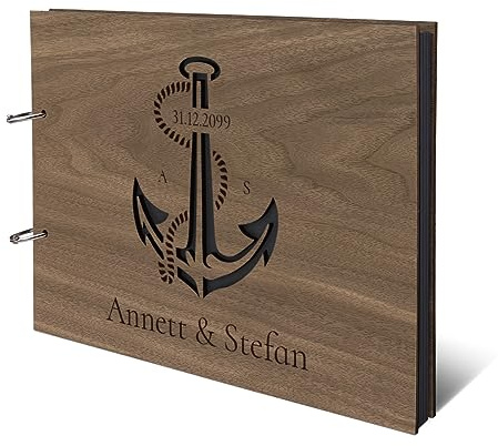 Personalisiertes Hochzeit Fotoalbum echtes Holz DIN A4 Hochzeitsbuch mit Lasergravur - Anker - mit 25 Blatt / 50 Seiten Fotokarton Schwarz