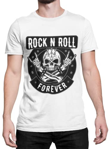 RocknRoll Forever Herren T-Shirt Geschenkidee für Rocker Männer Pommesgabel Totenkopf Skull Shirt Oberteil Bekleidung aus Baumwolle Regular Fit Schwarz Grün Weiß S-5XL
