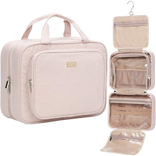 NISHEL Travel Toiletry Bag for Women, Makeup Essentials Organizer, Hanging Case for Accessories, Cosmetics, Large Size, Pink