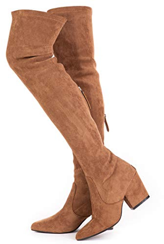 N.N.G Women's Over the Knee Boots, Brown Synthetic Suede, 3 Inch Block Heel, Side Zip, Stretch Material, Classic Style for Office Evening Casual Wear, Size 11 M Width