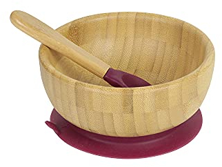 BIOZOYG Set con ciotola rotonda di bambù I Ciotola con base a ventosa e cucchiaio - certificato FSC I Splendida scodella in bambù per bambini - ciotole per pappa e muesli rotonda rossa