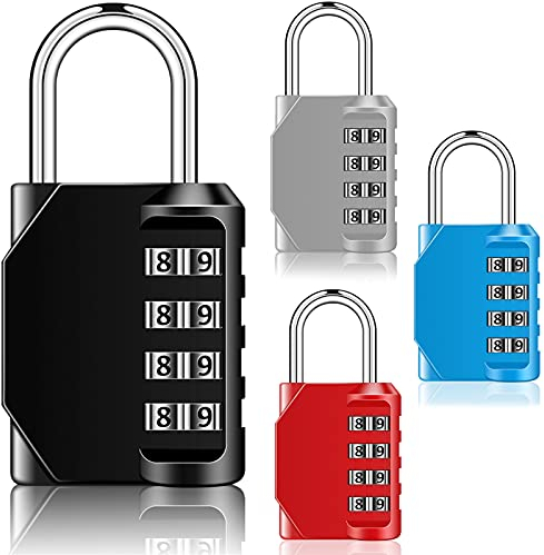Serrures à Combinaison à 4 Chiffres Cadenas Casier Étanche Réarmable Cadenas Extérieur à Clé avec Anse Trempée pour Casier de Porte Gym École Portail (4, Noir, Argent, Rouge, Bleu)