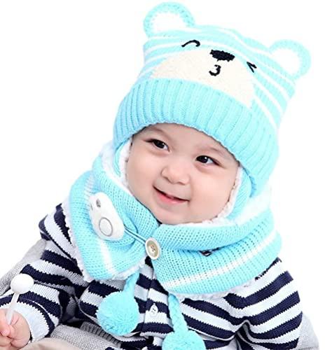 NLAND Cappello con Sciarpa per Bambini Bambino Berretto a Maglia con Protezione e Sciarpa Berretto Invernale Adatto a Ragazzi e Ragazze per 6-24 Mesi (Blu,Taglia Unica)