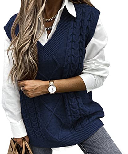 Niwicee Pull Femme Chaud sans Manche Gilet pour Femmes en Tricot Bleu Marine-XL