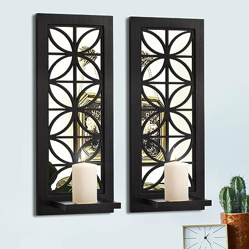 Aeveco Wandspiegel Kerzenleuchter 2er Set Deko Holz Kerzenhalter Rustikale Kerzenleuchter Wohnzimmer Wanddekoration (Schwarz (Stil 1))