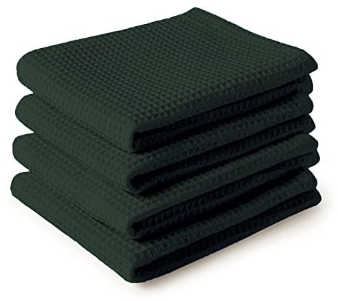 Encasa XO Kitchen Dish Towels, Cotton Tea Towel, Loop 70x45 cm Green | 100% Cotton Waffle Weave | Highly Absorbent & Quick Drying | Integrated Hanging Loops | Set of 4