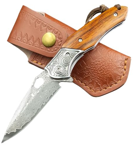 BFYLIN Damast Taschenmesser Klappmesser, Scharf Einhandmesser mit Damaststahl Klinge, Holzgriff Liner Lock Flipper Messerscheide Leder Lederscheide -Damastmesser für Camping Survival Messer (Damast-1)