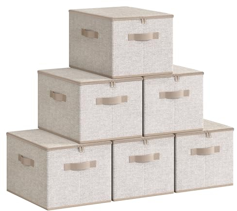SONGMICS Scatole Portaoggetti con Coperchio, Set di 6 Contenitori Pieghevoli con Maniglie, Organizzatori per Vestiti e Giocattoli, 40 x 30 x 25 cm, Tessuto non tessuto, Beige Sabbia RZB003K02