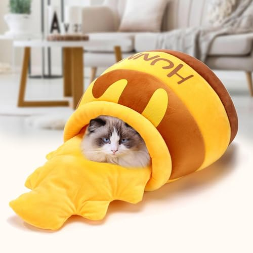 Katzenhaus Haustier Katzenbett - Honigtopf Katzenhöhle für Warmen Winter - Tragbare Cartoon Nest Katzenzelt mit Fluffy Weiche Katze Höhle Nest