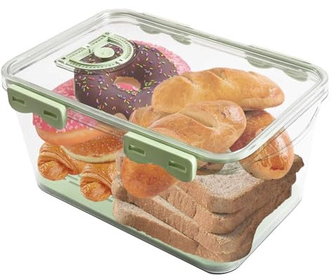 Panera transparente hermética, caja de pan con grabación de tiempo con tapa, caja de almacenamiento para pan casero, tostadas, bagel, donas y galletas (verde claro)