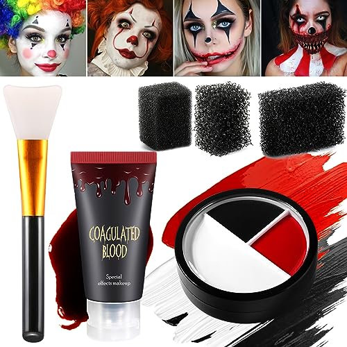 Afflano Gruseliges Clown Vampir Halloween Makeup Kit, Weiß Schwarz Rot Gesicht Körperfarbe+ Kunstblut, Gesichtsfarbe Partei für Erwachsene SFX Joker Zombie Skelett Kostüm Körperfarbe Cosplay