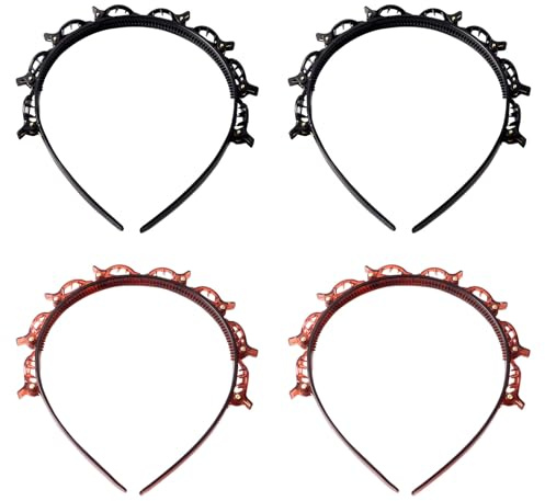 UILYNIU 4 Stück Haarreifen mit Klammern, Bangs Hairstyle Hairpin, Doppelschicht-Haarspangen, Haarreif mit Clips, Headband with Clips, Stylische Haarreifen, Styling-Zubehör für Frauen