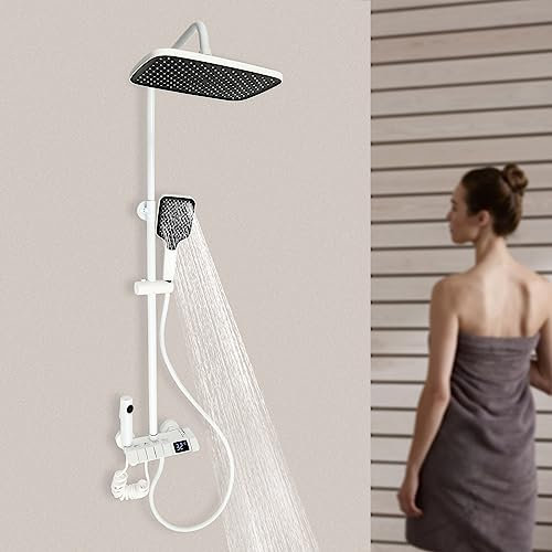Dekltus Duschsystem, Duschset mit Top Spray, Handbrause unb Kalt/Warm-Reguliergriff, Dusche Regendusche Set für Haus und Hotel, Einstellbare Höhe 85-120cm (Weiß)