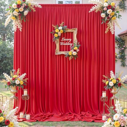 Lot de 2 rideaux de fond rouges infroissables de 3 m x 3,6 m pour fêtes de mariage, toile de fond en polyester doux et soyeux pour photographie, scène de Noël, 3 x 3,6 m